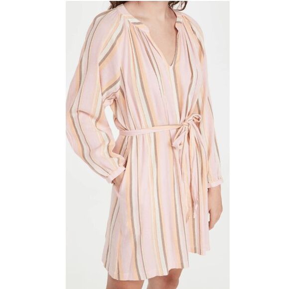 XiRena Sabrine Dress in Villa Print Pink Brown Cream Striped Belted Size Small - Picture 1 of 13